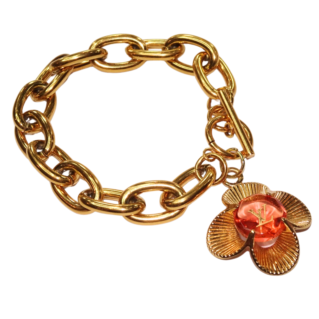 LV Pink Gem Flower 16ct thick gold chunky link bracelet with toggle clasp