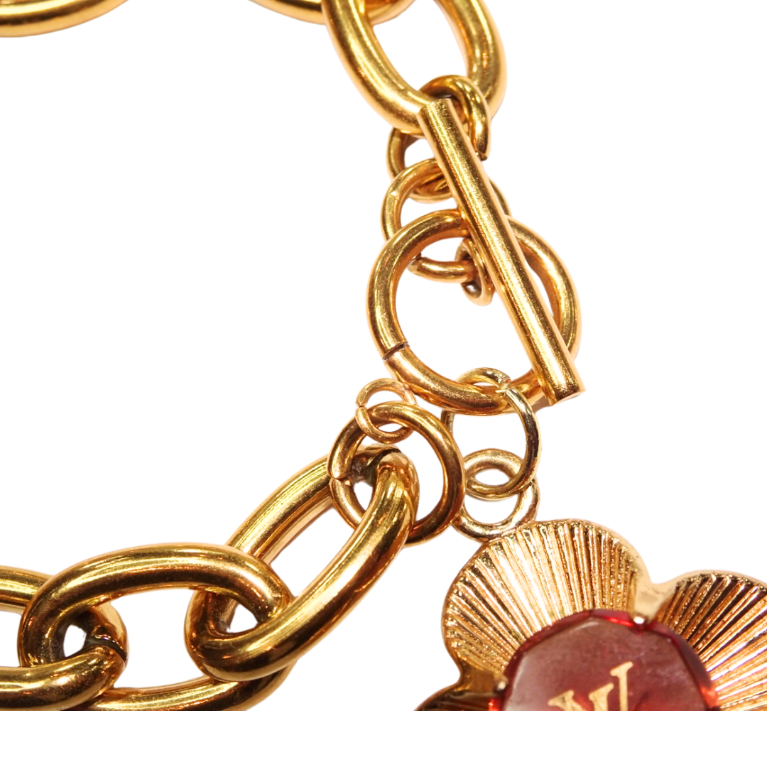 LV Pink Gem Flower 16ct thick gold chunky link bracelet with toggle clasp
