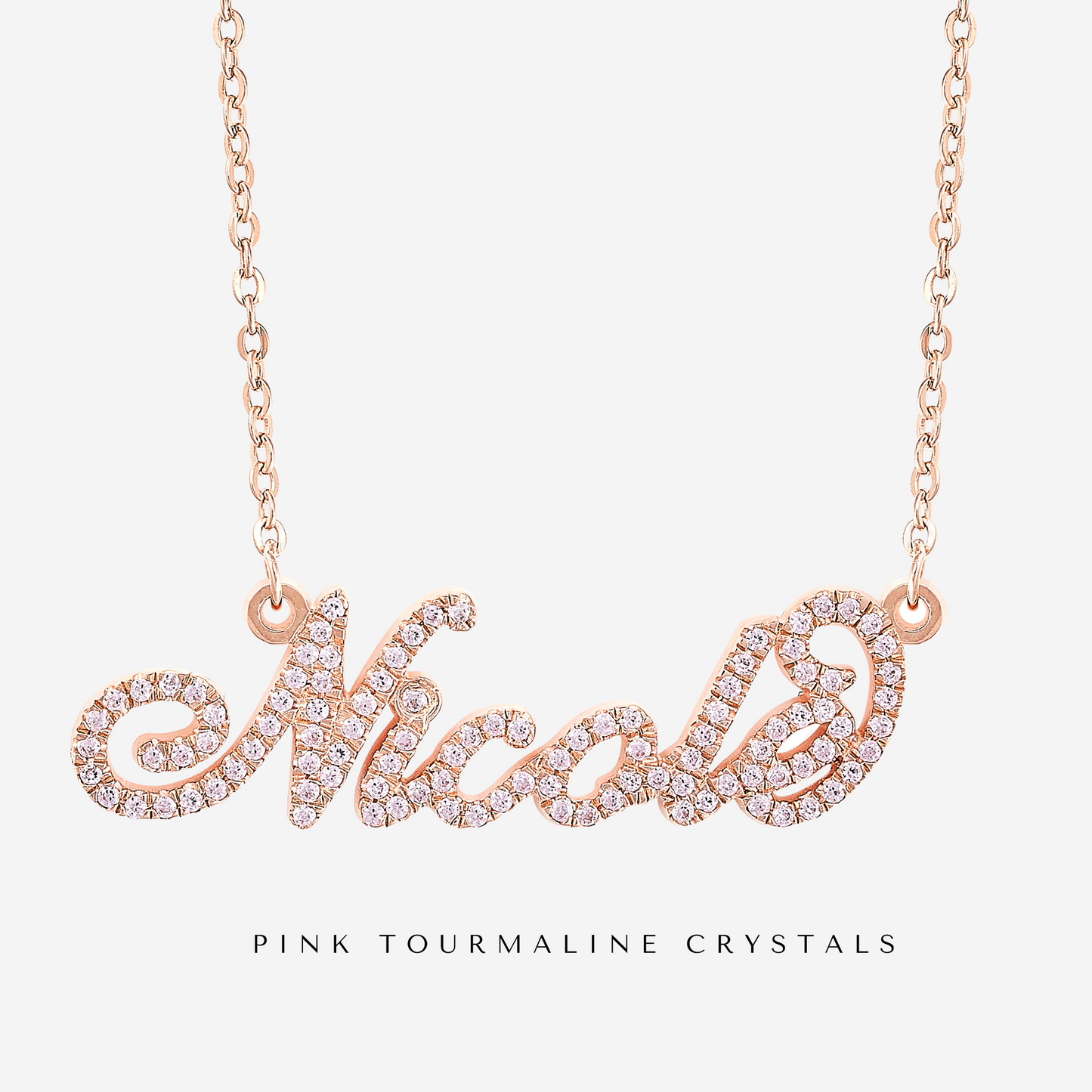 NEW* Rose Gold Plated on 925 Sterling Silver Custom Name Necklace with Pink Tourmaline Crystals