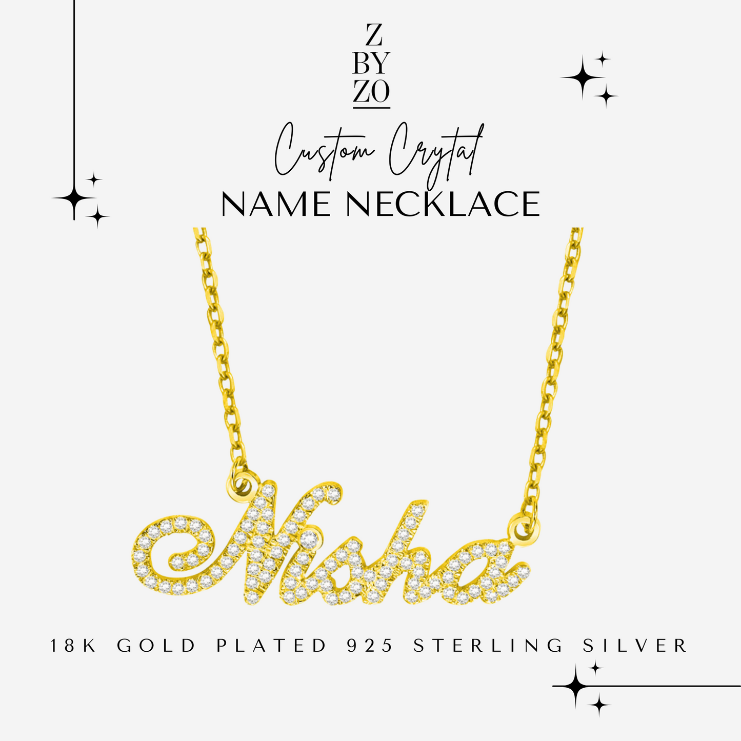 NEW* 18K Gold Plated on 925 Sterling Silver Custom Name Necklace with Crystals