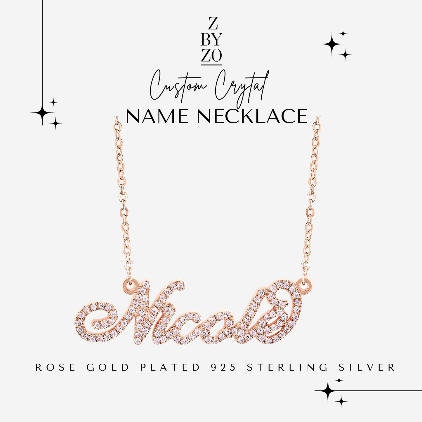 NEW* Rose Gold Plated on 925 Sterling Silver Custom Name Necklace with Pink Tourmaline Crystals