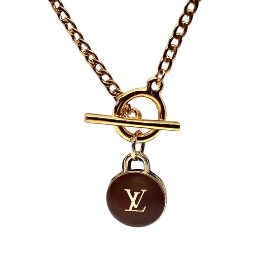 23ct Gold Plated Toggle Necklace with Brown LV Zip Pendant - zbyzo