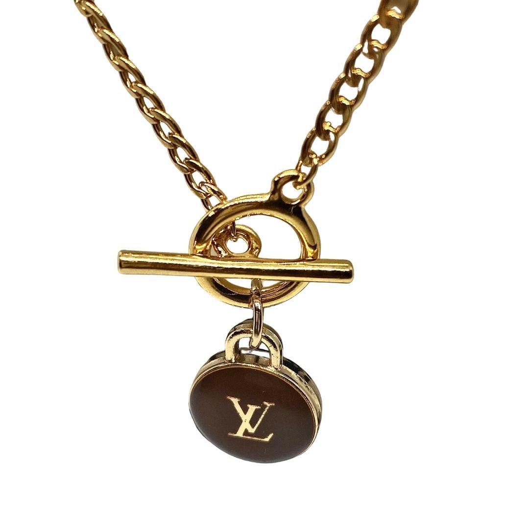 23ct Gold Plated Toggle Necklace with Brown LV Zip Pendant - zbyzo