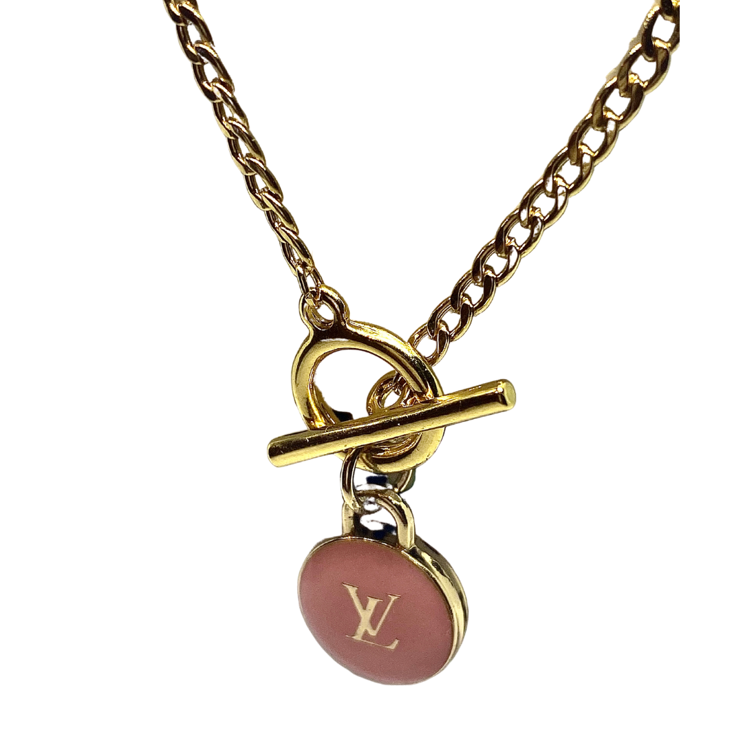 Gold & Crystal LV Button Toggle Necklace - Designer Button Jewelry