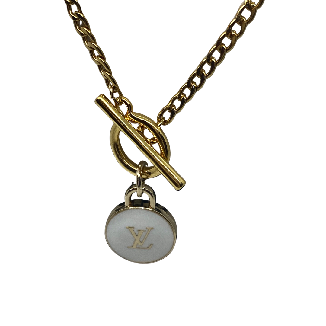 Gold & Crystal LV Button Toggle Necklace