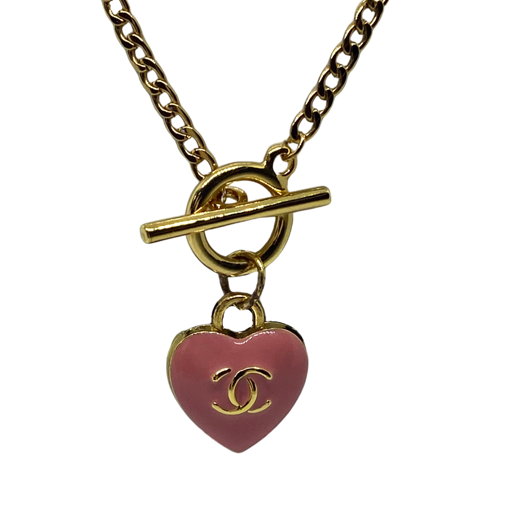 23ct Gold Plated Toggle Clasp Chain  with Pink CC Heart Pendant - zbyzo