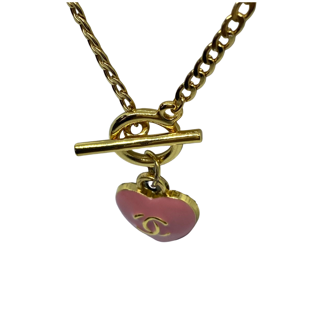 23ct Gold Plated Toggle Clasp Chain  with Pink CC Heart Pendant - zbyzo