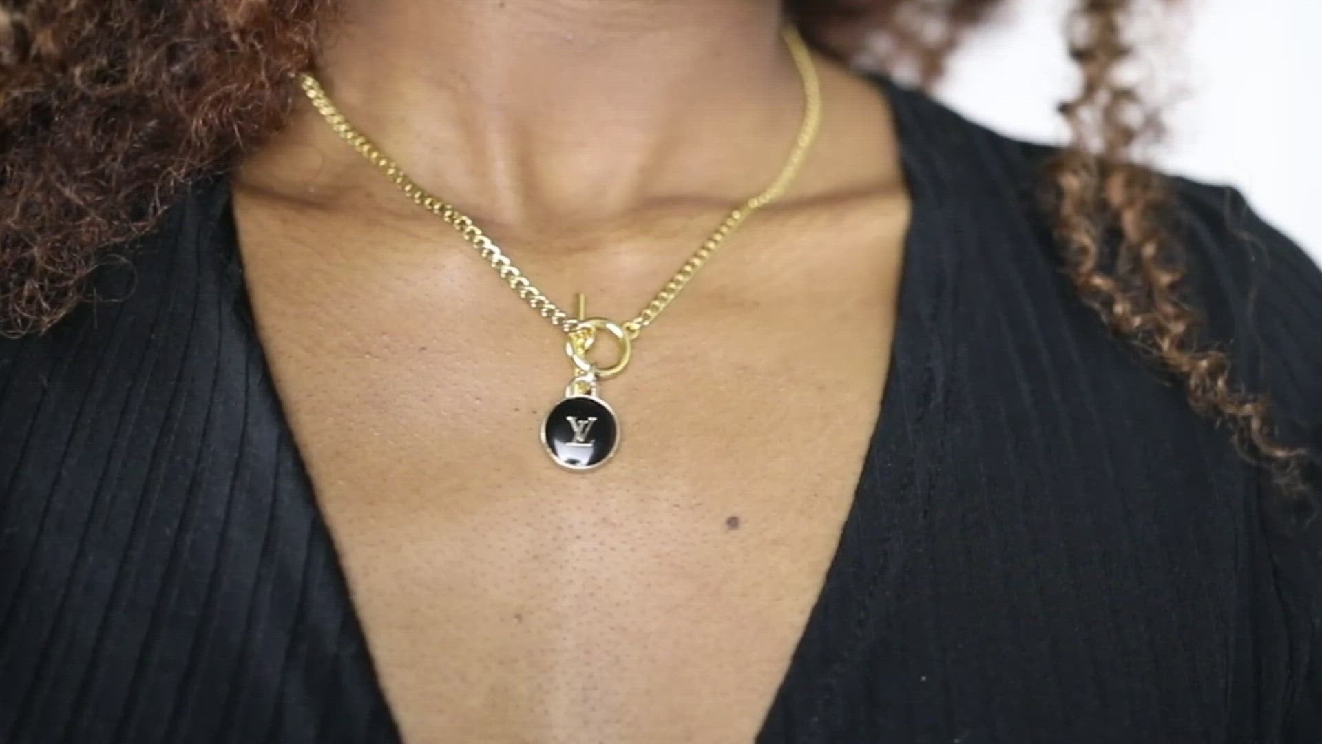 ALTERED 23ct Gold Plated Toggle Necklace with Black LV Zip Pendant